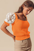 Floral Lace Puff Sleeve Square Neck Knit Sweater