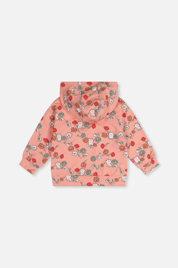 French Terry Hooded Cardigan Pink Cat Print-3