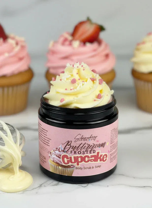 Buttercream frosted cupcake body scrub and soap jar with pink frosted cupcakes in background