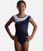 Girls Velvet Gymnastics Leotard with Silver Leaf Design - Z310 (NAVY)