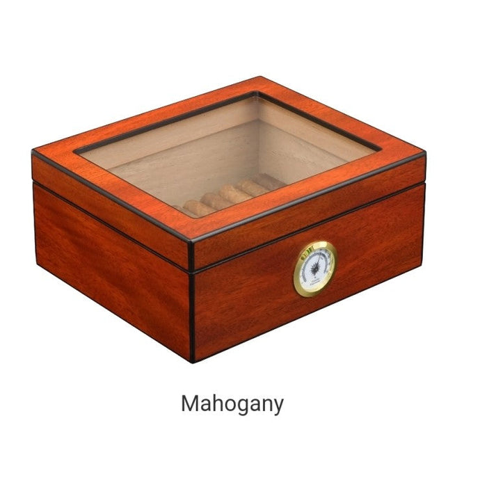 Small wooden cigar humidor with glass top, mahogany finish, holds up to 25 cigars.