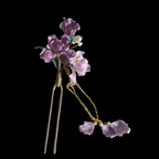 Handcrafted purple Iris Ronghua hairpin with soft velvet-textured silk petals and a delicate gold-tone tassel.