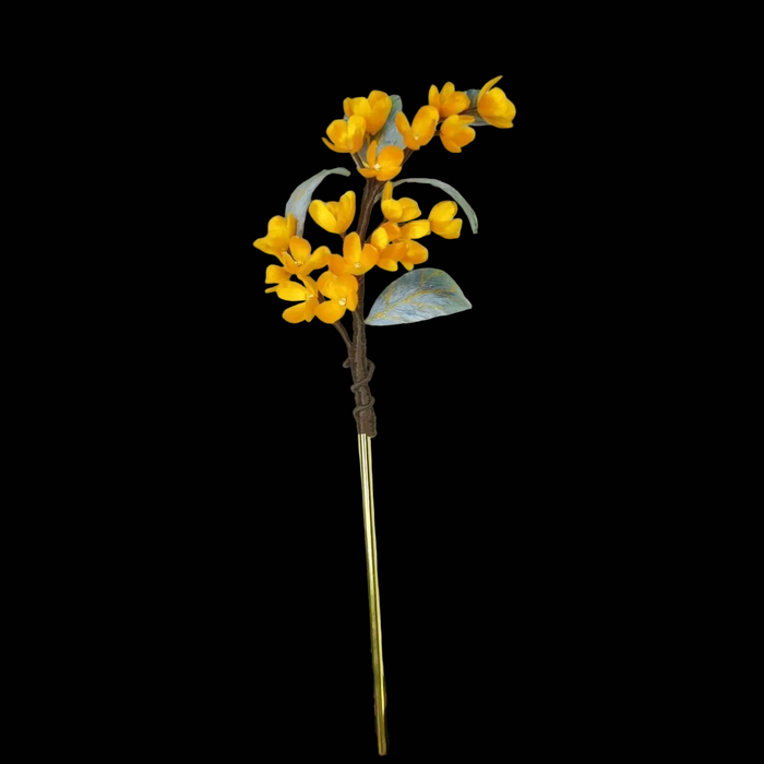 Handcrafted golden Osmanthus Ronghua hairpin with velvet-textured silk petals on a gold-tone hair stick.