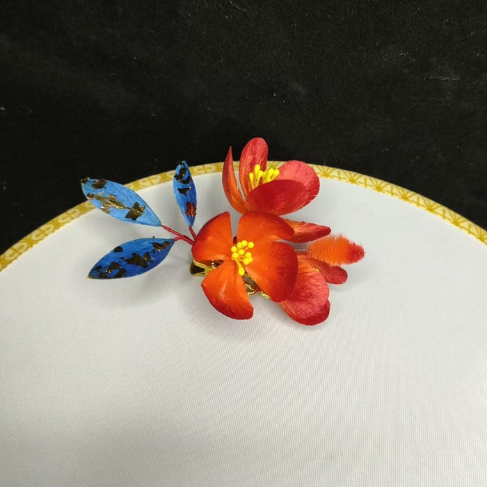 Handmade Red Floral Ronghua Hair Clip - Artisanal Silk Headpiece
