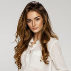 ANNIE extra long ceramic curling iron creates loose salon waves on model with long brown hair
