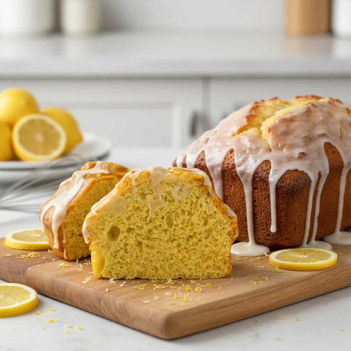 Realistic digital rendering of lemon loaf soap with icing glaze, lemon slices, and zest on a wooden board.