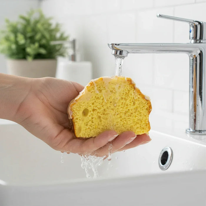 Hand holding lemon loaf soap under running faucet in a bathroom sink