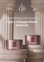 ILO Type 1 Collagen Biotin Ampoule packaging on stone columns with brand name displayed.