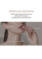 Product being applied to lips with text about awakening beauty and skin composition.