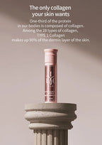 Collagen product on a pedestal with educational text about collagen on a beige background