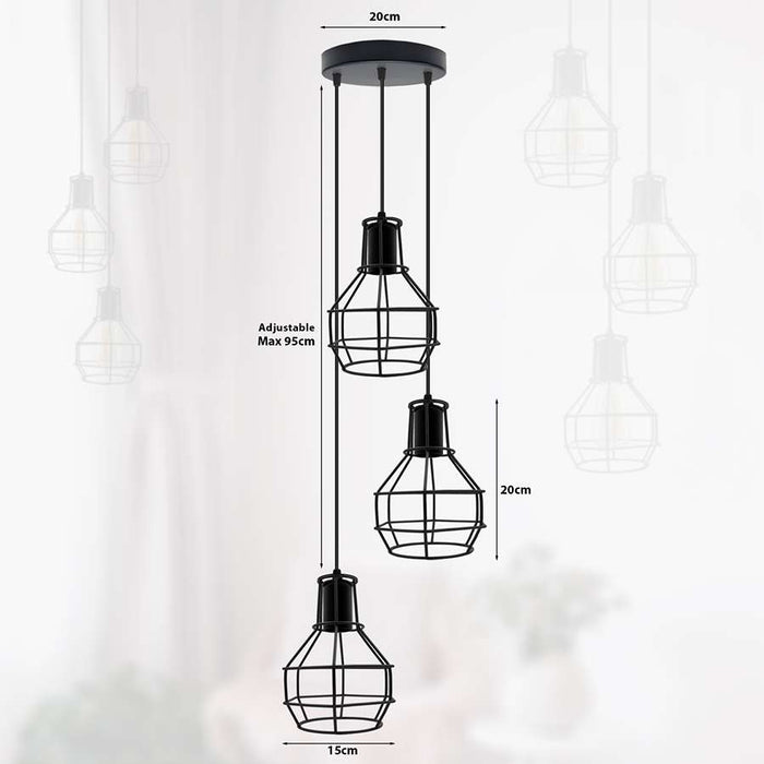 Industrial 3 Light Metal Cage Shade Hanging Pendant Light ~ 5125