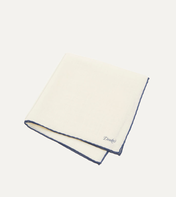 Ivory and Blue Shoestring Border Silk Pocket Square