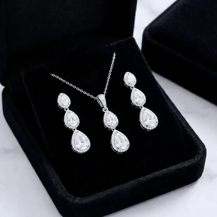 Silver CZ Bridal Necklace & Earrings Set