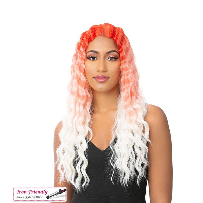 IT'S A WIG HD lace crimped wig with vibrant orange to white ombre waves styled on woman