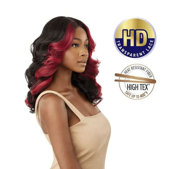 OUTRE lace front wig 16 inch black with burgundy red highlights loose waves heat resistant fiber