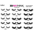LAFLARE 3D mink lashes assortment sheet showing styles NY56 to NY70 with varying volume and lengths