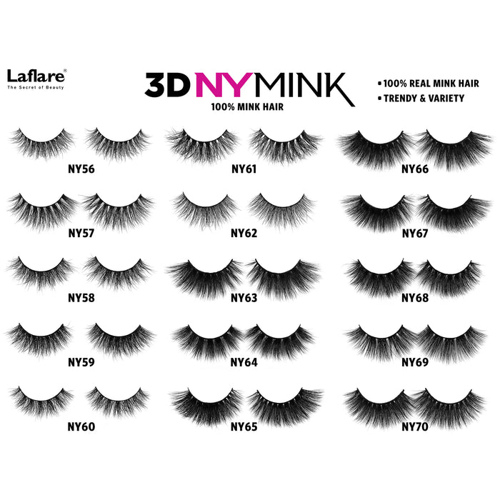 LAFLARE 3D mink lashes assortment sheet showing styles NY56 to NY70 with varying volume and lengths