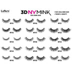 LAFLARE 3D mink lashes NY68 display sheet showing multiple black false eyelash styles in a grid