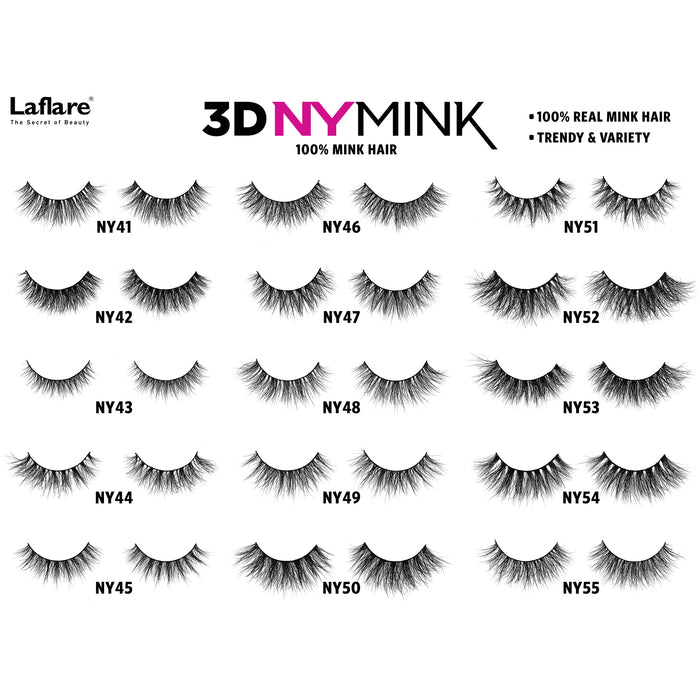 LAFLARE 3D mink lashes NY68 display sheet showing multiple black false eyelash styles in a grid