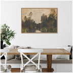 River Barycz landscape reproduction after Adolf Dressler, styled above a bench
