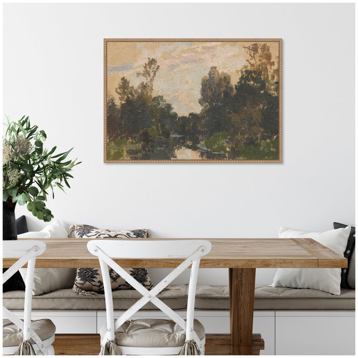 River Barycz landscape reproduction after Adolf Dressler, styled above a bench