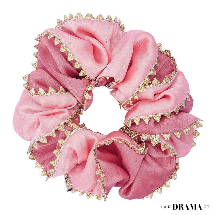 Large Dual color Silk Satin Scrunchy with Gota Patti - Pink & Peach