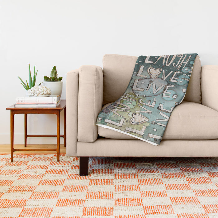 'Laugh. Love. Live. Organic in Blue' Fleece Blanket — detail view