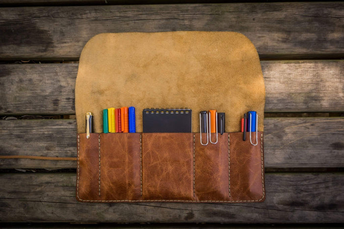 Leather Pen Roll - Rustic Brown