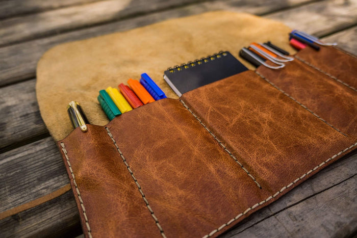 Leather Pen Roll - Rustic Brown