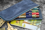 Leather Slip-N-Zip 4 Slots Zippered Pen Pouch - Crazy Horse Navy Blue