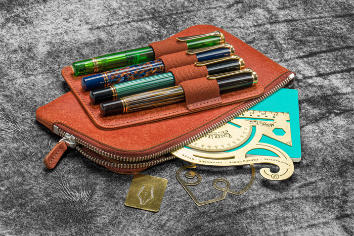 Leather Slip-N-Zip 4 Slots Zippered Pen Pouch - Pueblo Cognac