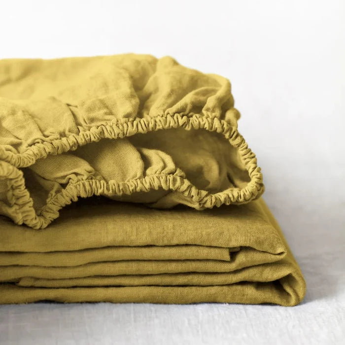 Lemon Curry Linen Fitted Sheet - Linen Tales