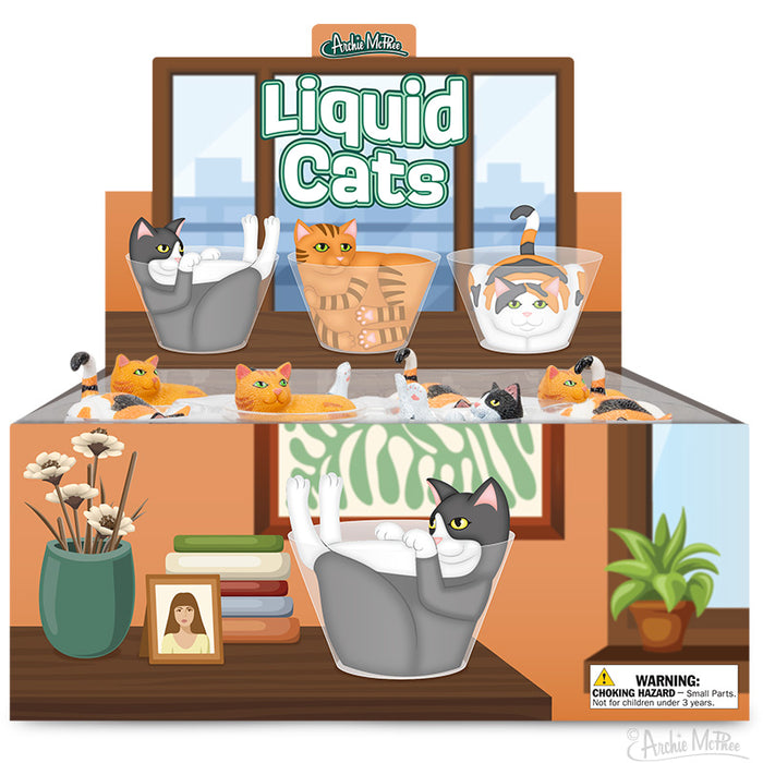 Liquid Cats: Illustration of cats lounging in bowls and cups, featuring playful bouncing balls. Warning: contains small parts.