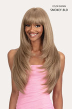 Front view of the Mayde Real Crown Glory wig in Smokey-Bld color, showcasing one of the most natural synthetic wigs for women with a Long Straight Layered style.