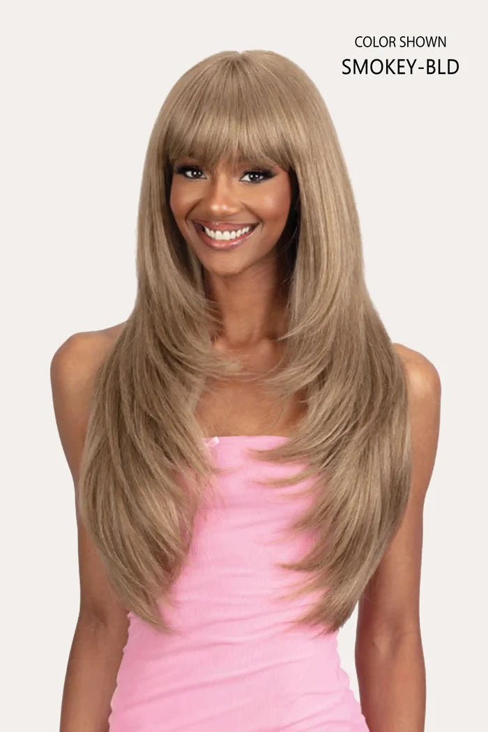 Front view of the Mayde Real Crown Glory wig in Smokey-Bld color, showcasing one of the most natural synthetic wigs for women with a Long Straight Layered style.