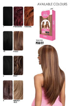 A color chart for Mayde Real Crown Glory, showcasing various shades for these premium synthetic wigs for women in a Long Straight Layered style, including P33/27, Smokey-Bld, and T350/350L.