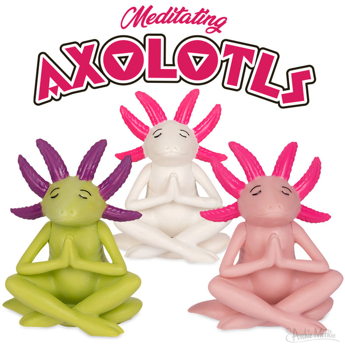A set of three vibrant, collectible axolotl figures is depicted sitting cross-legged with eyes closed, capturing the essence of mindfulness under the title "Meditating Axolotls.