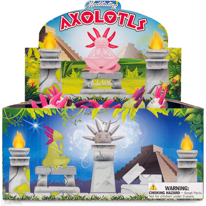 Explore a collection of Meditating Axolotls in pink and green, featuring an Aztec-themed background. These collectible figures promote mindfulness and come with a choking hazard warning, making them ideal for thoughtful collectors.