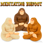 Beneath the "Meditating Bigfoot" text, three collectible figures in brown, tan, and cream sit cross-legged, exuding a sense of mindfulness.