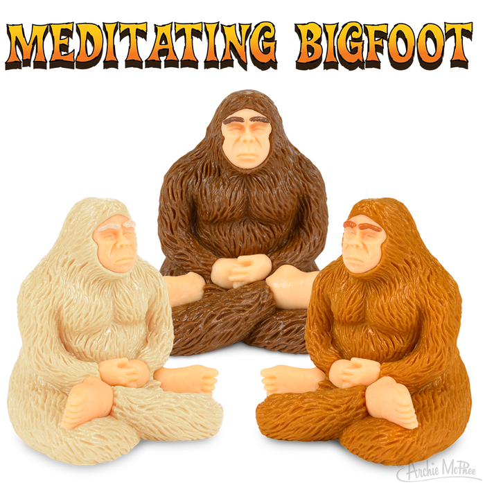 Beneath the "Meditating Bigfoot" text, three collectible figures in brown, tan, and cream sit cross-legged, exuding a sense of mindfulness.