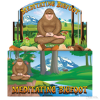Illustration of the Meditating Bigfoot practicing mindfulness in a forest surrounded by mountains, grass, and small animals.