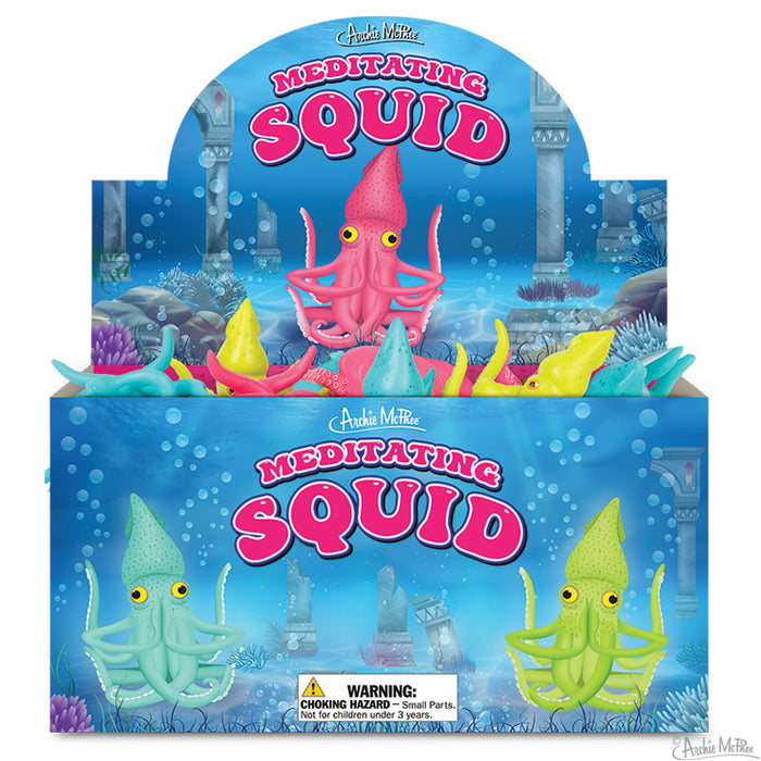 Box of vibrant Meditating Squid figures with oceanic-themed packaging, ideal for meditation enthusiasts.
