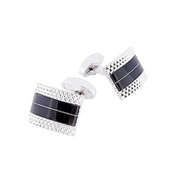 T.M.J men's D-shaped cufflinks with plain metal design and black enamel center detail