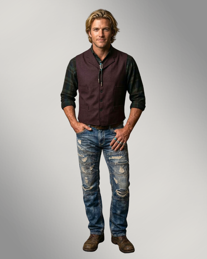 Men's Notch Vest - Blackwood Cherry Wool Burgundy
