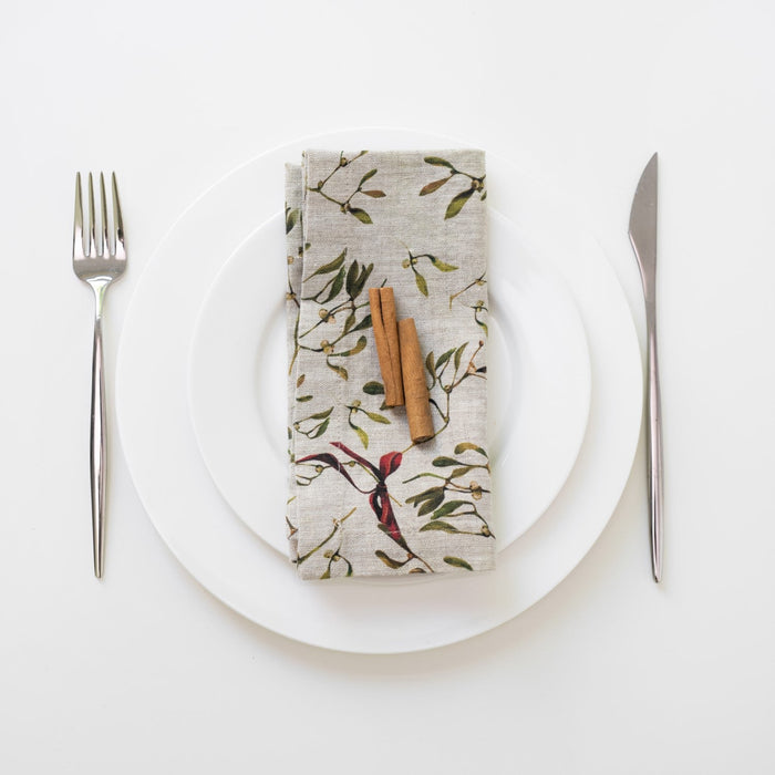 Mistletoe on Natural Linen Napkins Set of 2 - Linen Tales Global