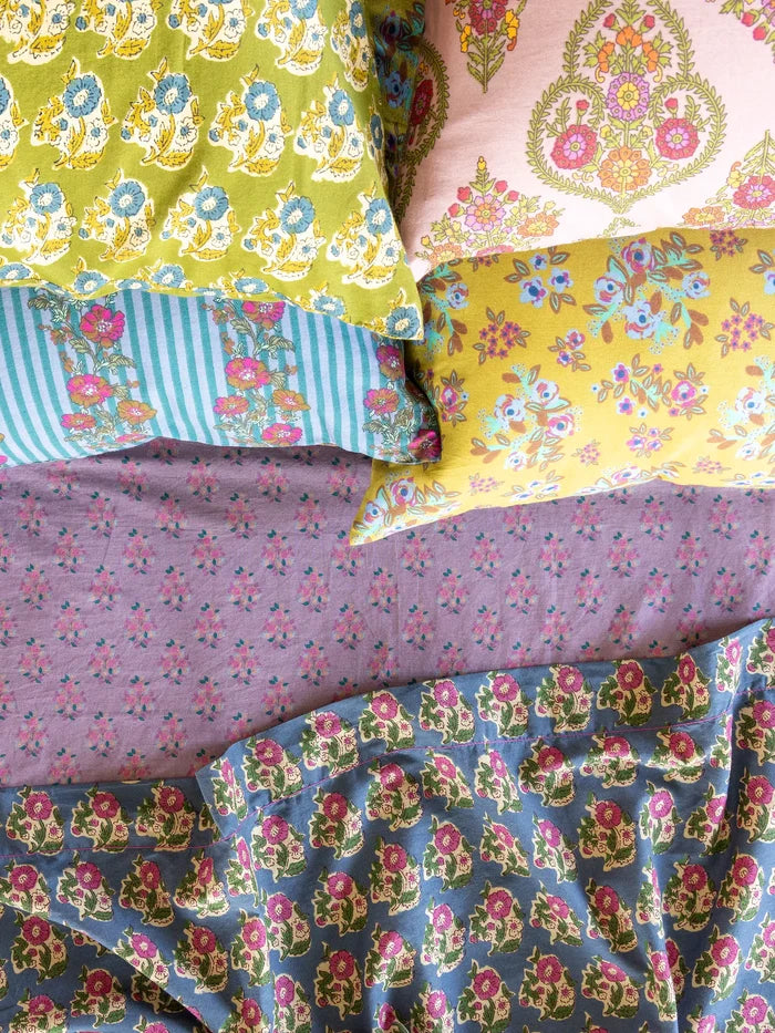 Mix & Match Cotton Pillowcase, Single - Blue Floral Stripe-view 2