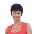 SHAKE N GO Brazilian human hair wig short black pixie cut with sleek side swept bangs on smiling model