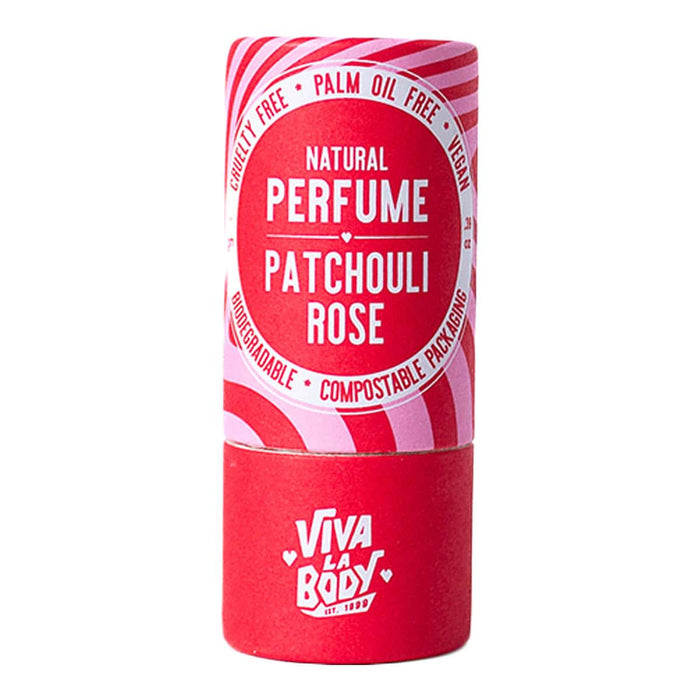 11g Viva La Body Natural Perfume Patchouli Rose cardboard tube. Biodegradable & compostable packaging.