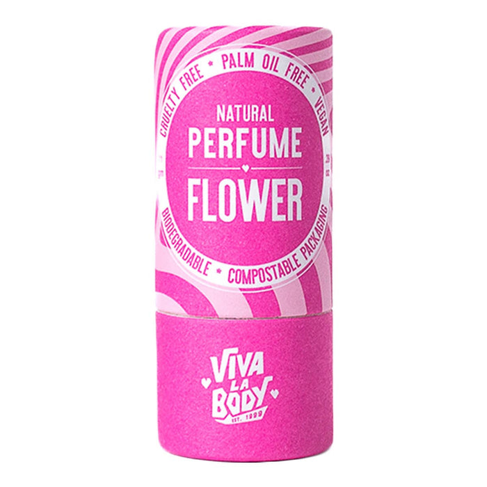 Front of Viva La Body Natural Perfume Flower in pink cardboard tube.