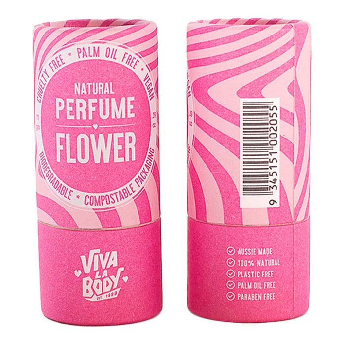 Back and front of pink packaging for Viva La Body Natural Perfume - Flower. Palm oil free, plastic free, vegan, solid perfume stick.